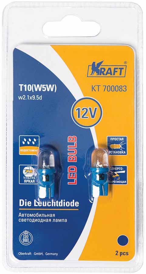 фото Лампа автомобильная светодиодная Kraft "Basic", T10 W5W (W2.1x9.5d), 12V, Blue, 2 шт