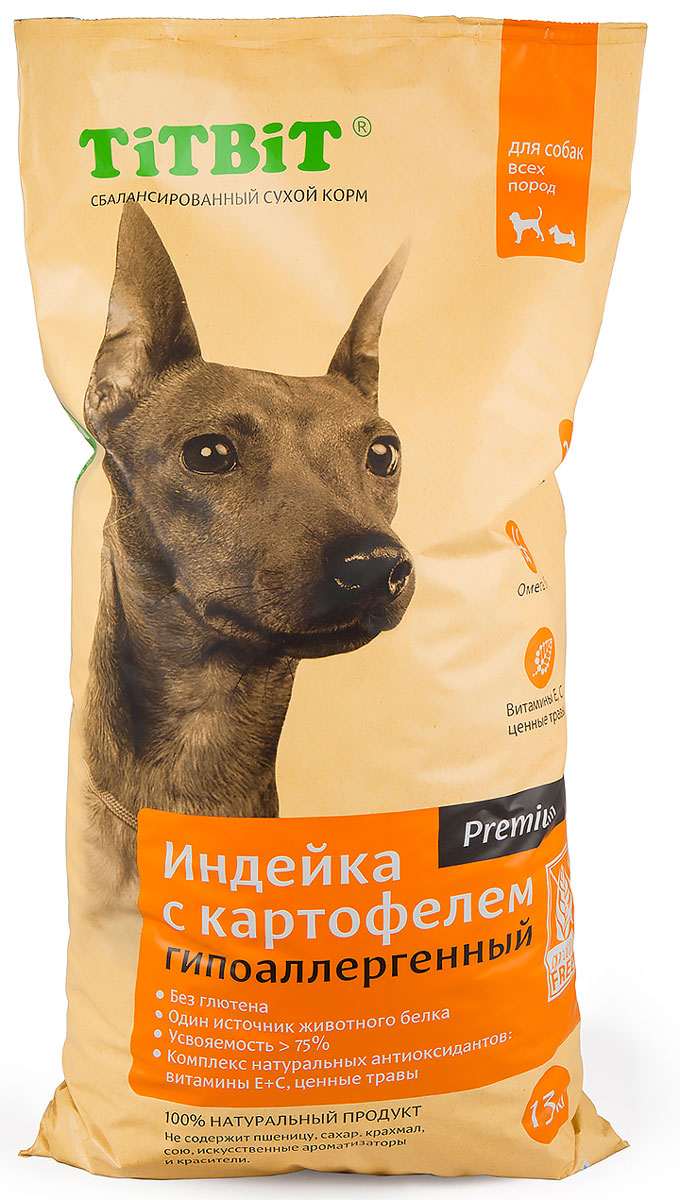 фото Корм сухой "Titbit", для собак, гипоаллергенный, индейка с картофелем, 13 кг