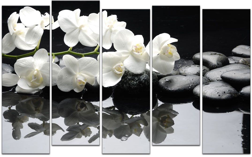 фото Картина модульная Картиномания "Белые орхидеи и черные камни", 120 x 77 см, Дерево, Холст