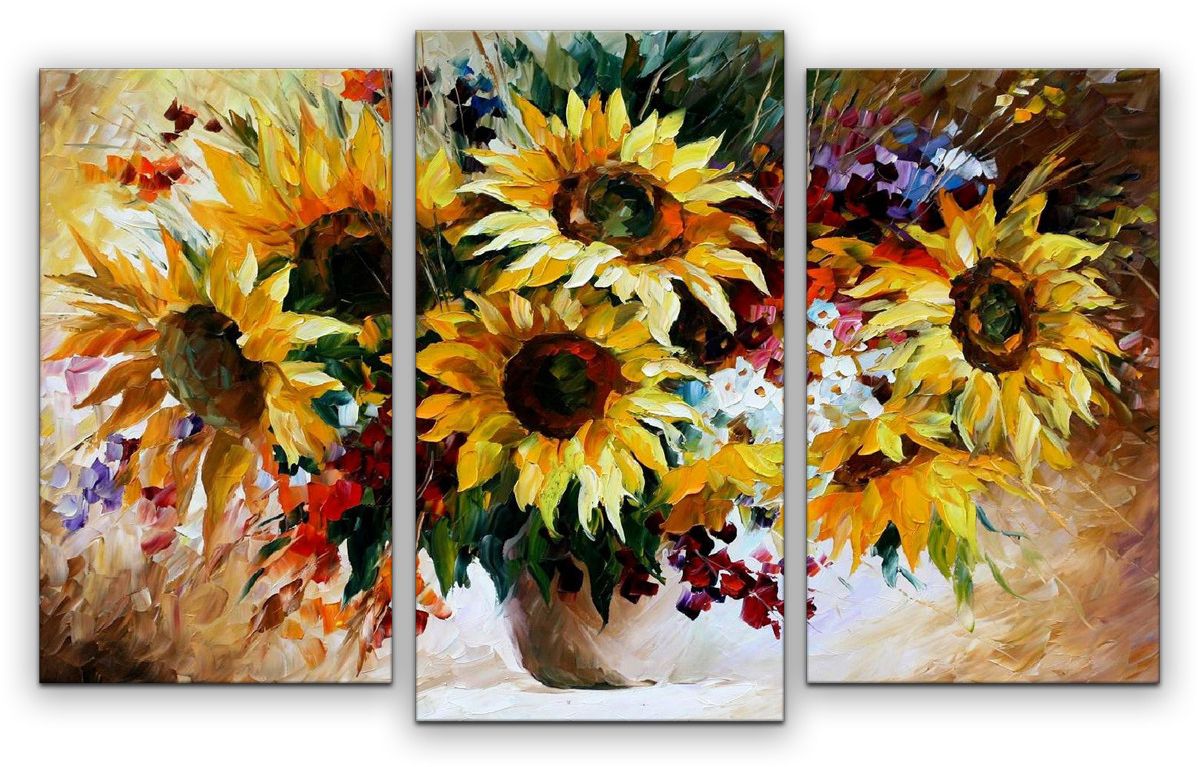 фото Картина модульная Картиномания "Подсолнухи в вазе", 120 x 77 см, Дерево, Холст