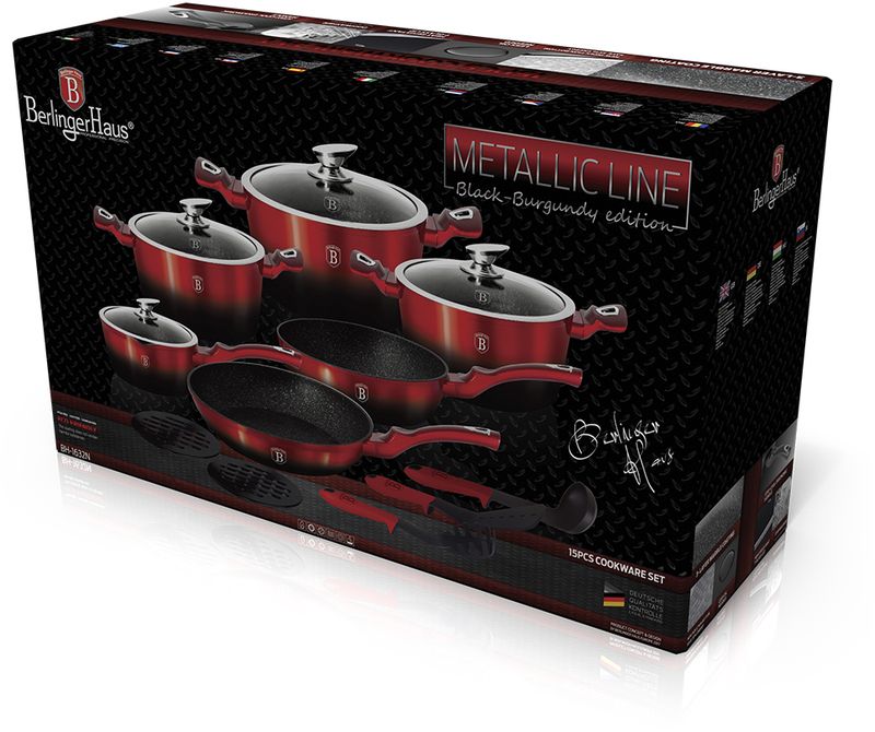 фото Набор посуды Berlinger Haus "Metallic Line", с антипригарным покрытием, цвет: красный, черный, 15 предметов