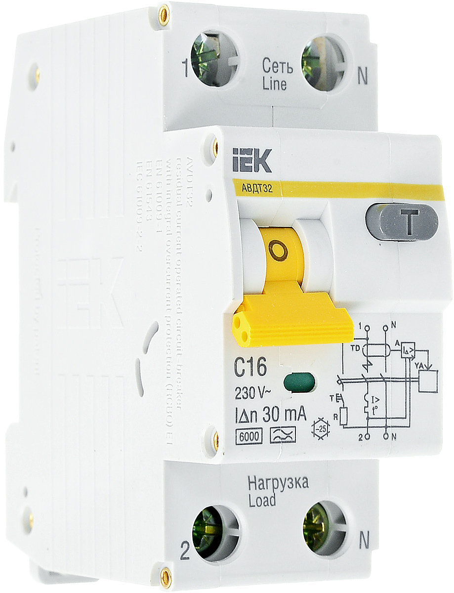 фото Выключатель автоматический IEK АВДТ32, дифференциального тока, 1П+N 2мод. C 16А 30мА тиП A 6000А