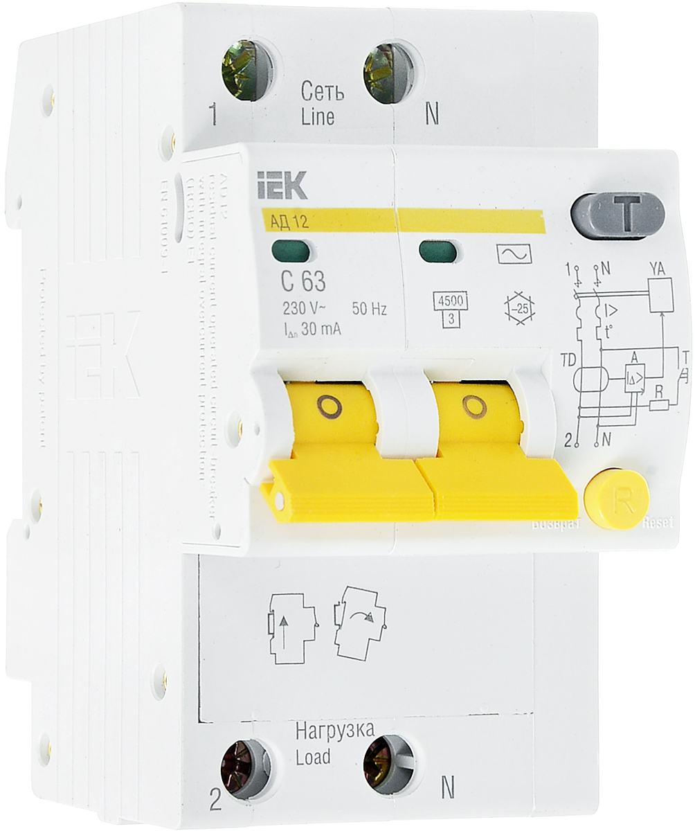 фото Дифференциальный автомат IEK "АД-12", 2П 4мод. C 63А 30мА тиП AC 4.5кА