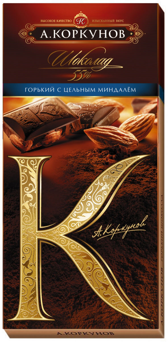 Коркунов горький шоколад с цельным миндалем, 90 г коркунов горький шоколад с цельным миндалем 90 г