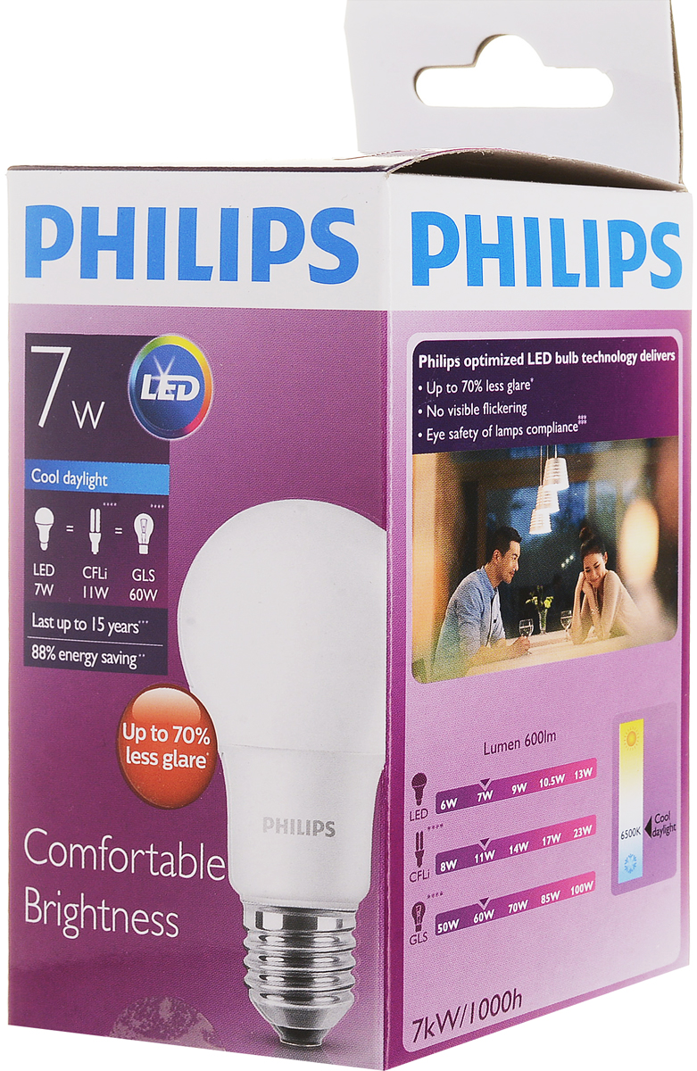 фото Лампа светодиодная Philips "LED bulb", цоколь E27, 7W, 6500K