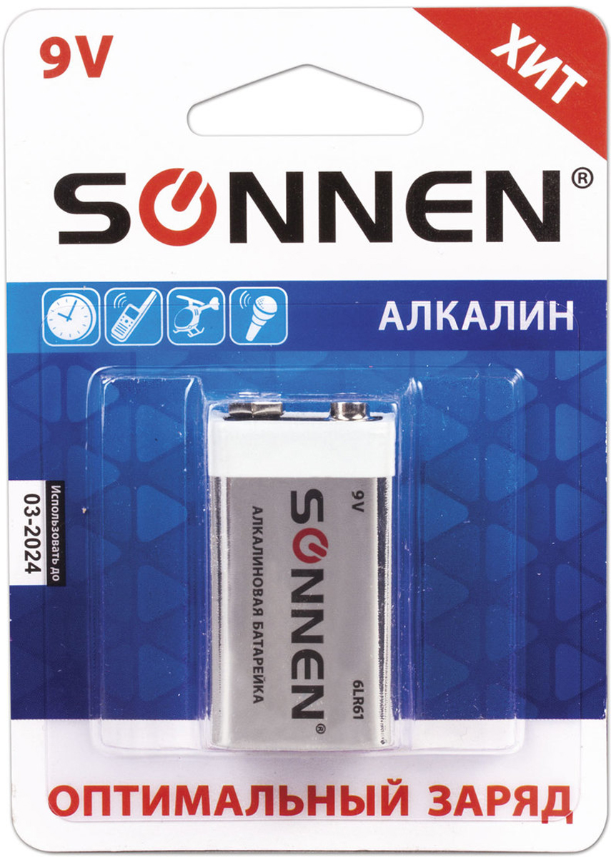 Батарейка алкалиновая "Sonnen", тип Крона - 6LR61, 9В. 451092