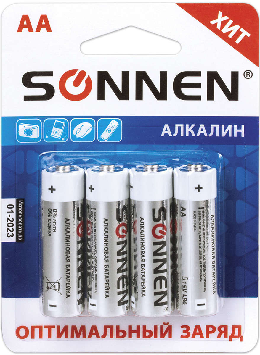 фото Батарейка алкалиновая "Sonnen", тип - AA-LR6, 1,5В, 4 шт. 451085