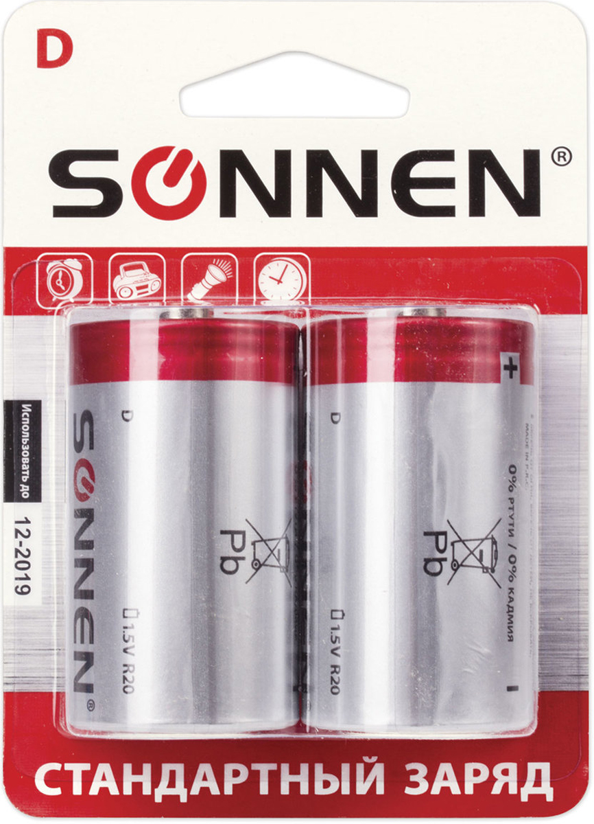 фото Батарейка солевая "Sonnen", тип - D-R20, 1,5В, 2 шт. 451100