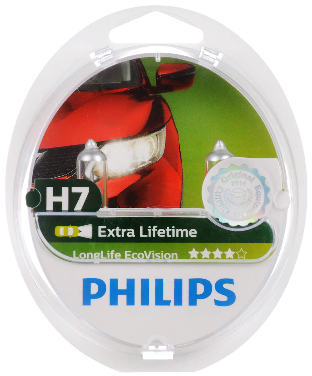 фото Галогенная автомобильная лампа Philips LongLife EcoVision H7 12V-55W увелич. срок службы 2шт. 12972LLECOS2