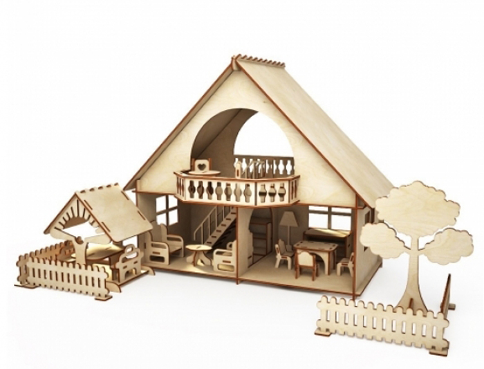 фото ХэппиДом Деревянный конструктор Летний дом с беседкой и качелями
