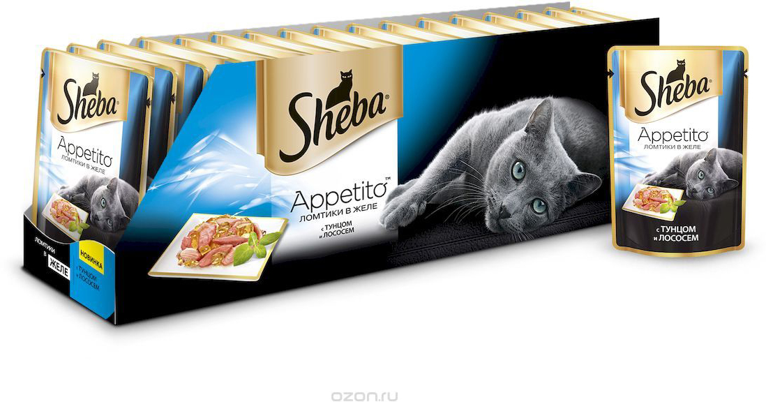 фото Консервы для взрослых кошек Sheba "Appetito", с тунцом и лососем в желе, 85 г х 24 шт