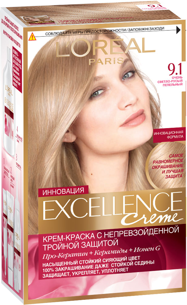 фото L'Oreal Paris Стойкая крем-краска для волос "Excellence", оттенок 9.1, Очень светло-русый пепельный
