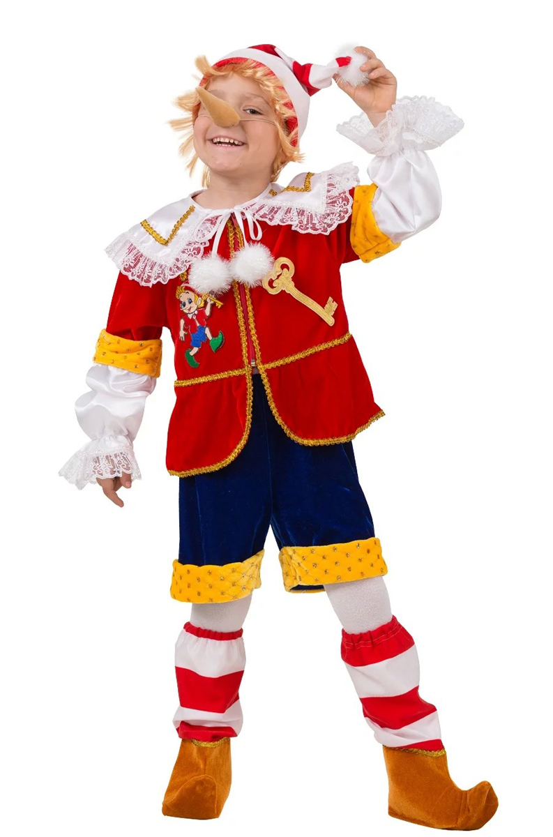 фото Батик Костюм карнавальный для мальчика Буратино цвет красный синий белый желтый размер 32