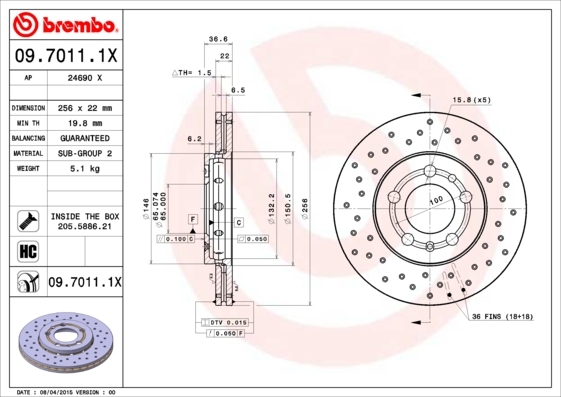 Диск тормозной Brembo, вентилируемый Xtra. 09.7011.1X