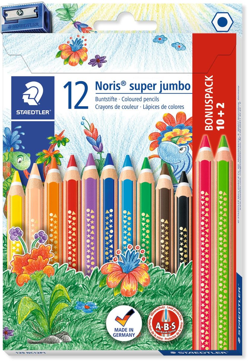 Staedtler Набор цветных карандашей Noris Club Super Jumbo 12 цветов с точилкой Staedtler Набор цветных карандашей Noris Club Super Jumbo 12 цветов с точилкой
