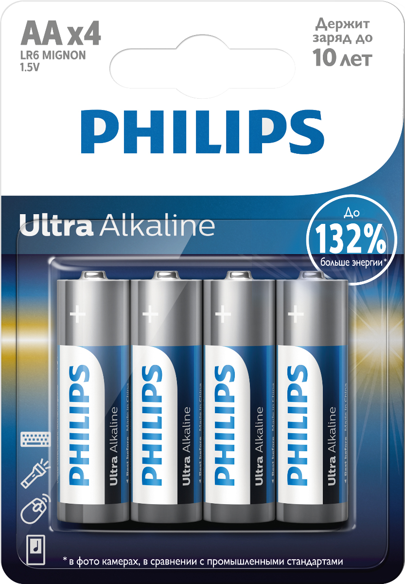 фото Батарейка щелочная Philips "Ultra", тип AA, 1,5 В, 4 шт
