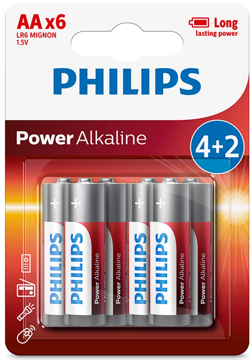 фото Батарейка щелочная Philips "Power", тип AA, 1,5 В, 6 шт