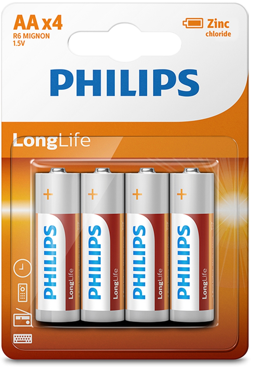 фото Батарейка солевая Philips "LongLife", тип AA, 1,5 В, 4 шт