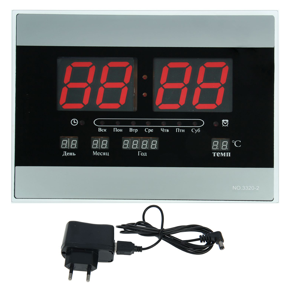 фото Часы-будильник настенные электронные, с календарем, цвет: красный, 40 х 30 х 5 см