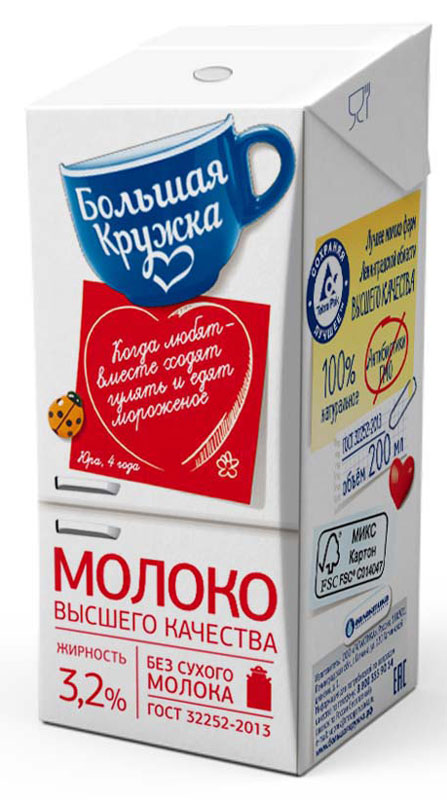 Большая кружка Молоко ультрапастеризованное, 3,2%, 200 мл — купить в ...