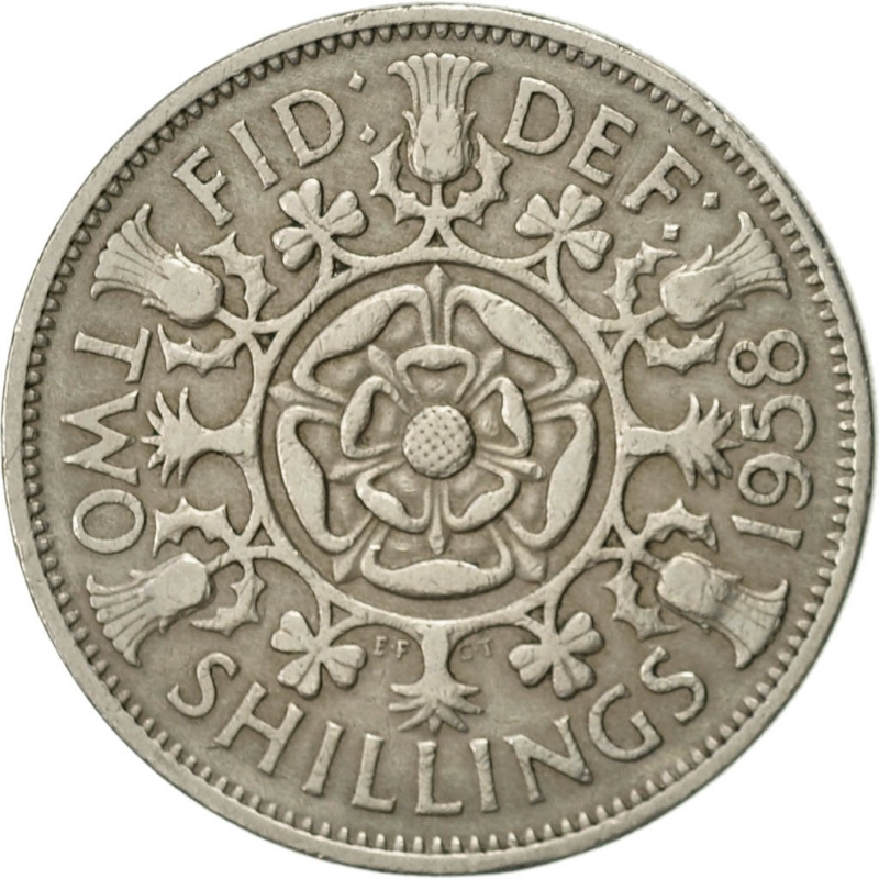 фото Монета номиналом 2 шиллинга. Великобритания, 1958 год The royal mint