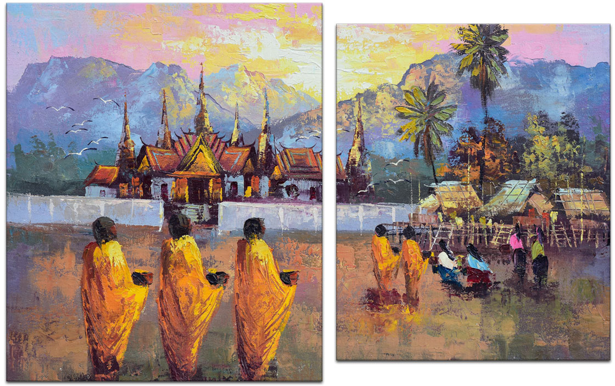 фото Картина модульная Картиномания "Тайские монахи", 90 х 57 см, Дерево, Холст