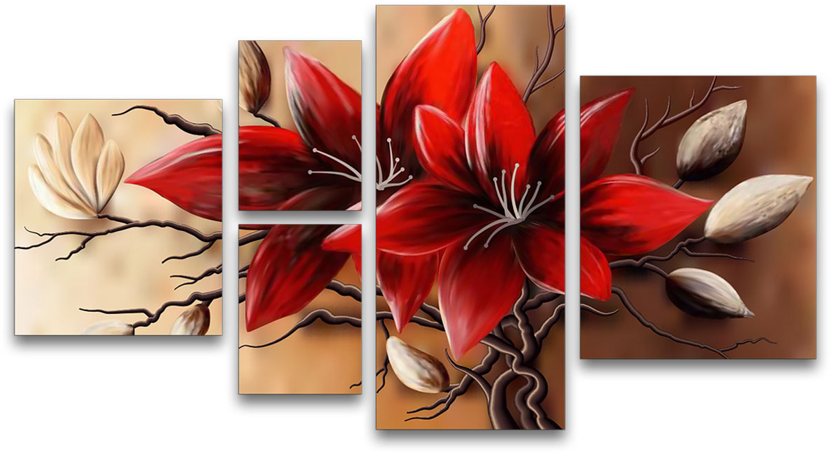 фото Картина модульная Картиномания "Красные цветы", 90 х 50 см, Дерево, Холст