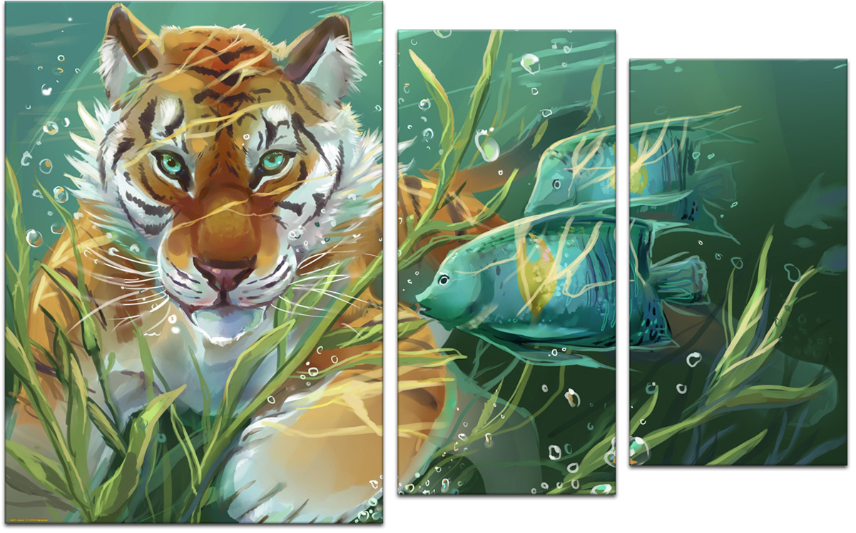 фото Картина модульная Картиномания "Тигр в воде", 90 х 57 см, Дерево, Холст