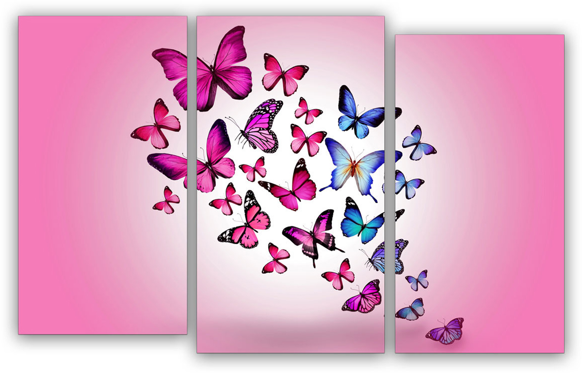 фото Картина модульная Картиномания "Триптих розовые бабочки", 90 х 57 см, Дерево, Холст