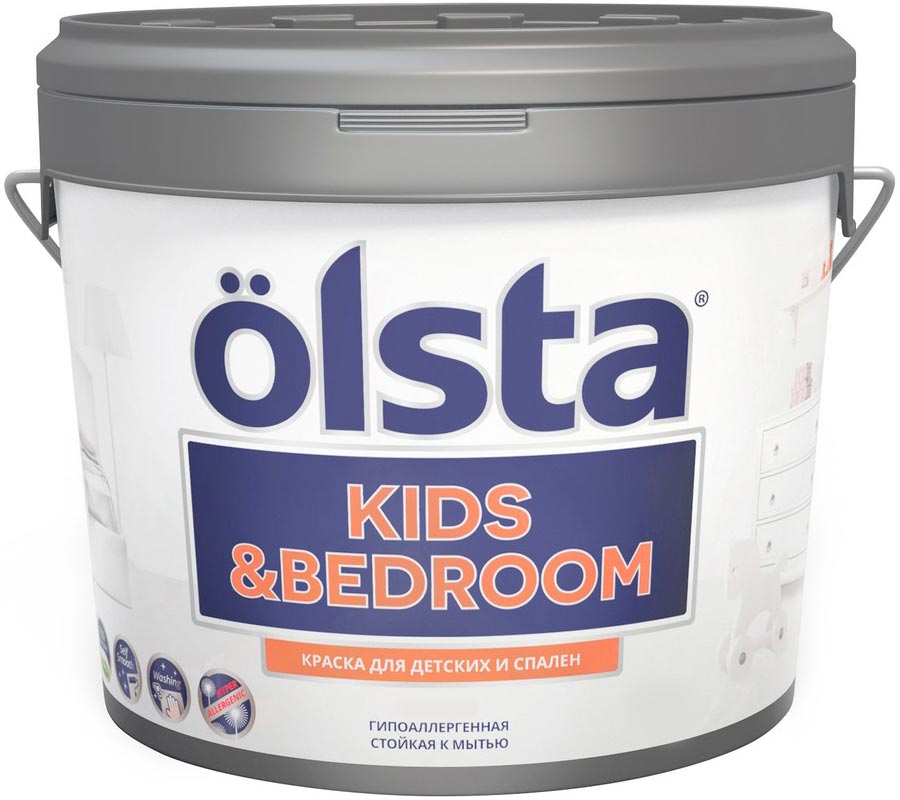 фото Краска акриловая Olsta "Kids & Bedroom. База", для детских и спален, полуматовая, цвет: белый, 2,7 л