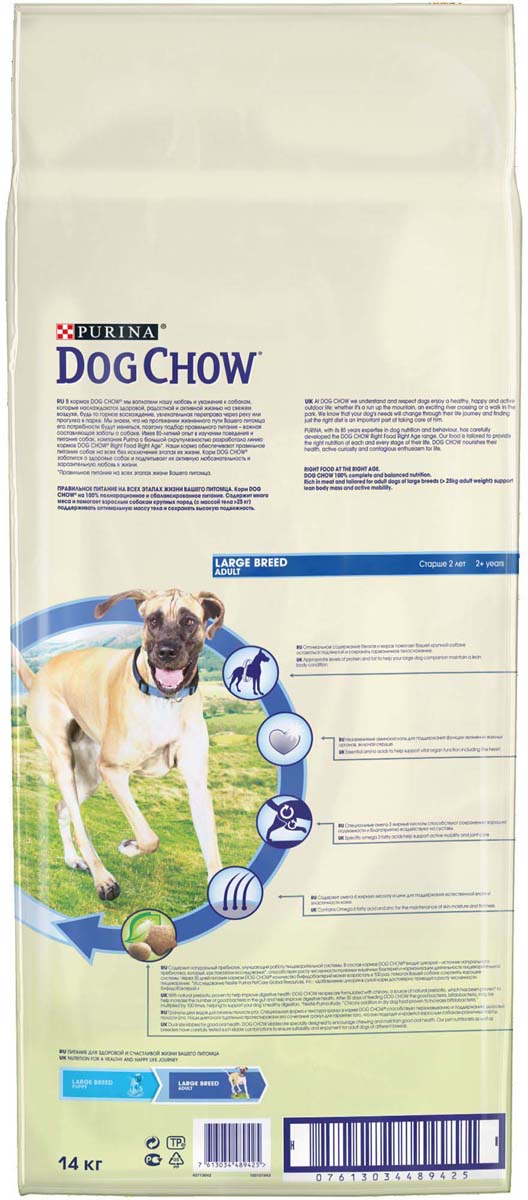 фото Корм сухой "Dog Chow" для взрослых собак крупных пород, с индейкой, 14 кг