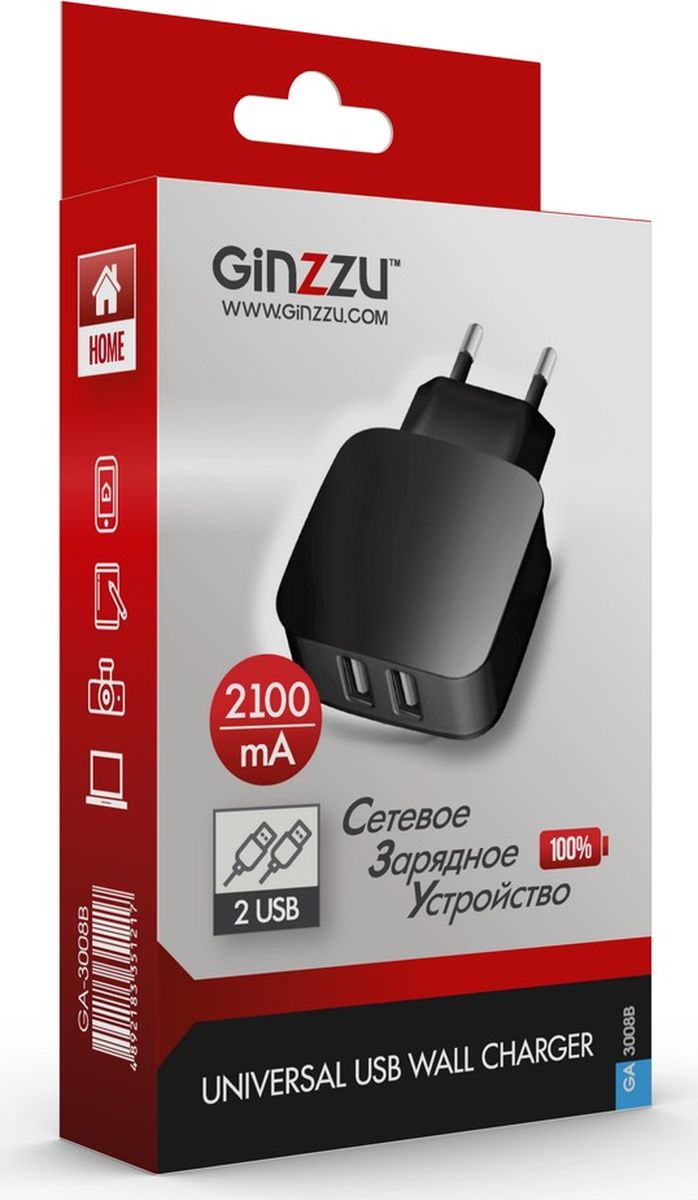 фото Ginzzu GA-3008B, Black сетевое зарядное устройство (2,1 A)