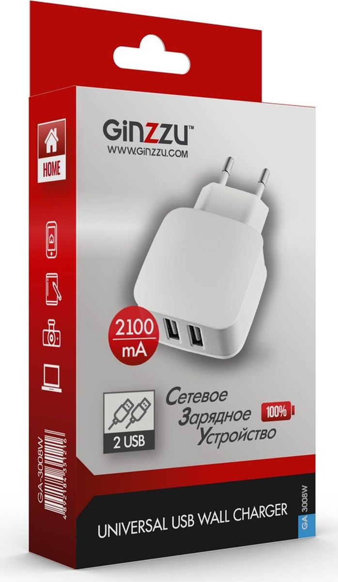 фото Ginzzu GA-3008W, White сетевое зарядное устройство (2,1 A)