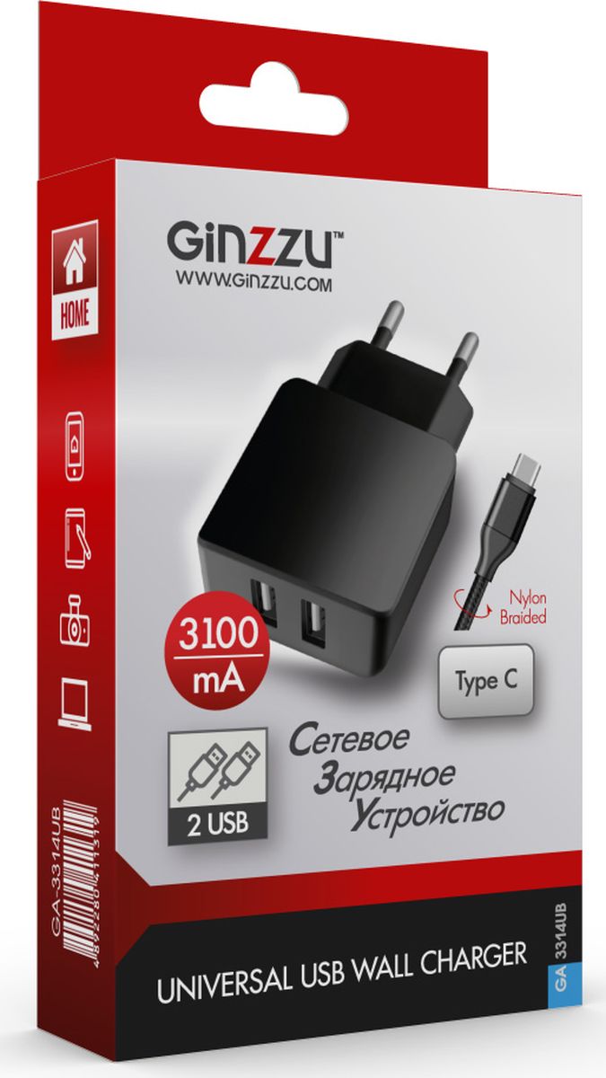 фото Ginzzu GA-3314UB, Black сетевое зарядное устройство + кабель Type C