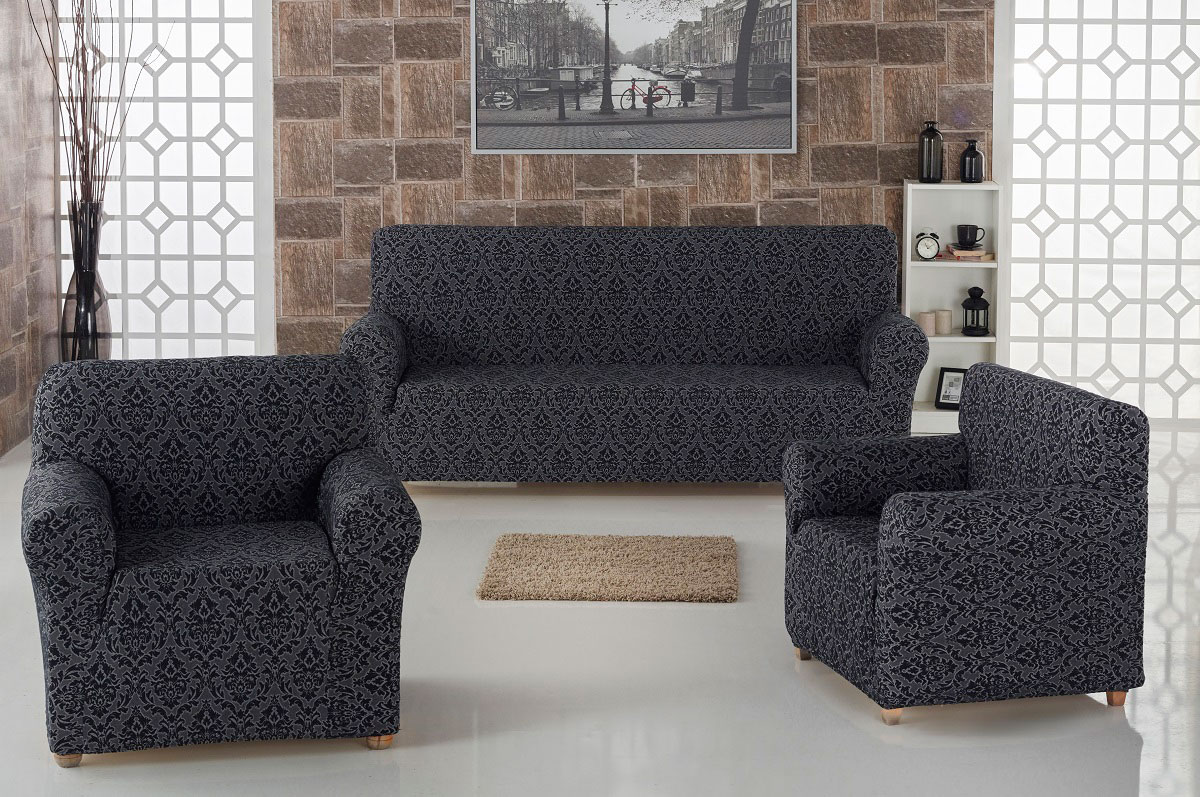 фото Набор чехлов дла дивана и кресел Karna "Milano", цвет: темно-серый, 3 предмета
