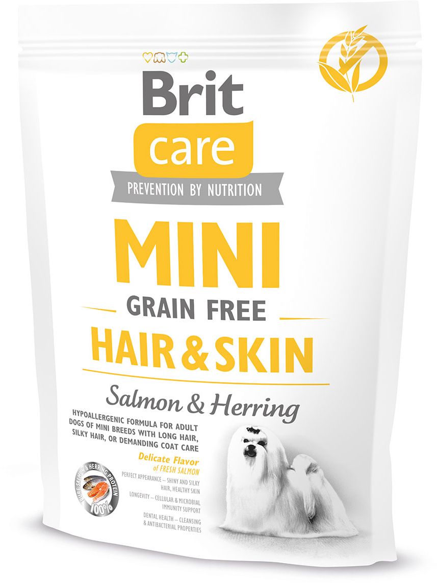 фото Корм сухой беззерновой Brit Care "Mini Grain Free Hair & Skin" для взрослых собак мини-пород с шерстью, требующей ухода, 400 г