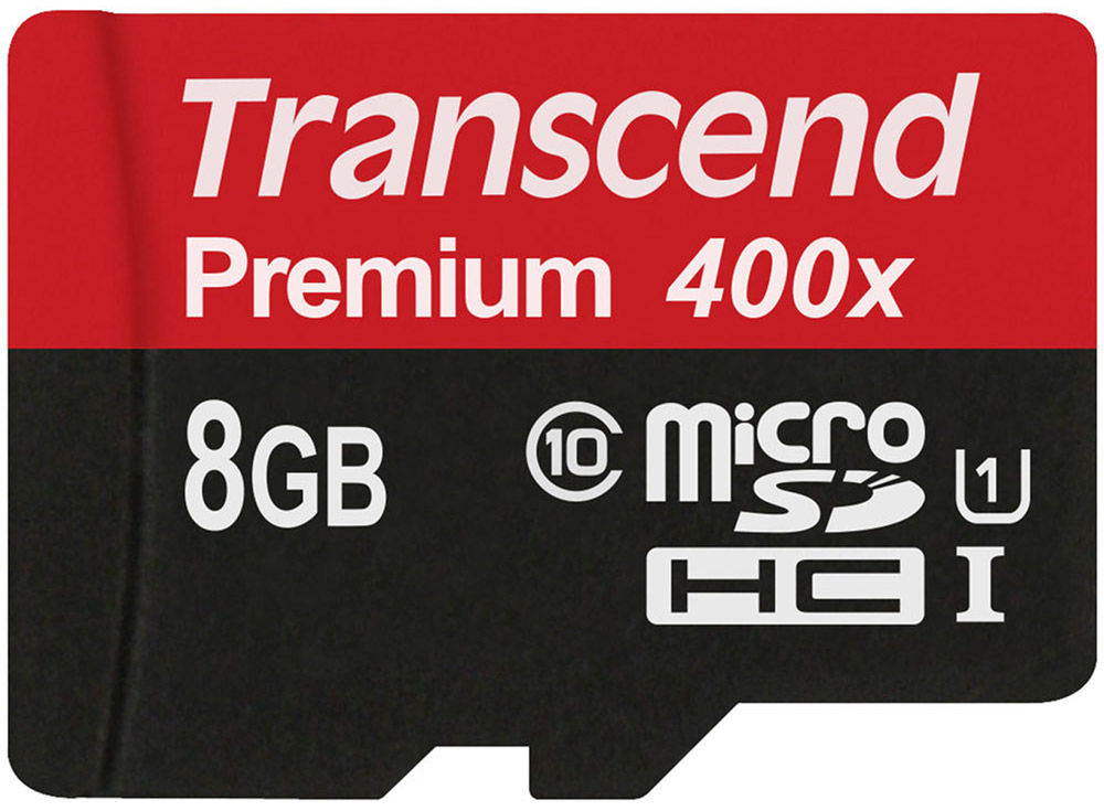 фото Transcend microSDHC Class 10 UHS-I 400x 8GB карта памяти с адаптером (TS8GUSDU1)