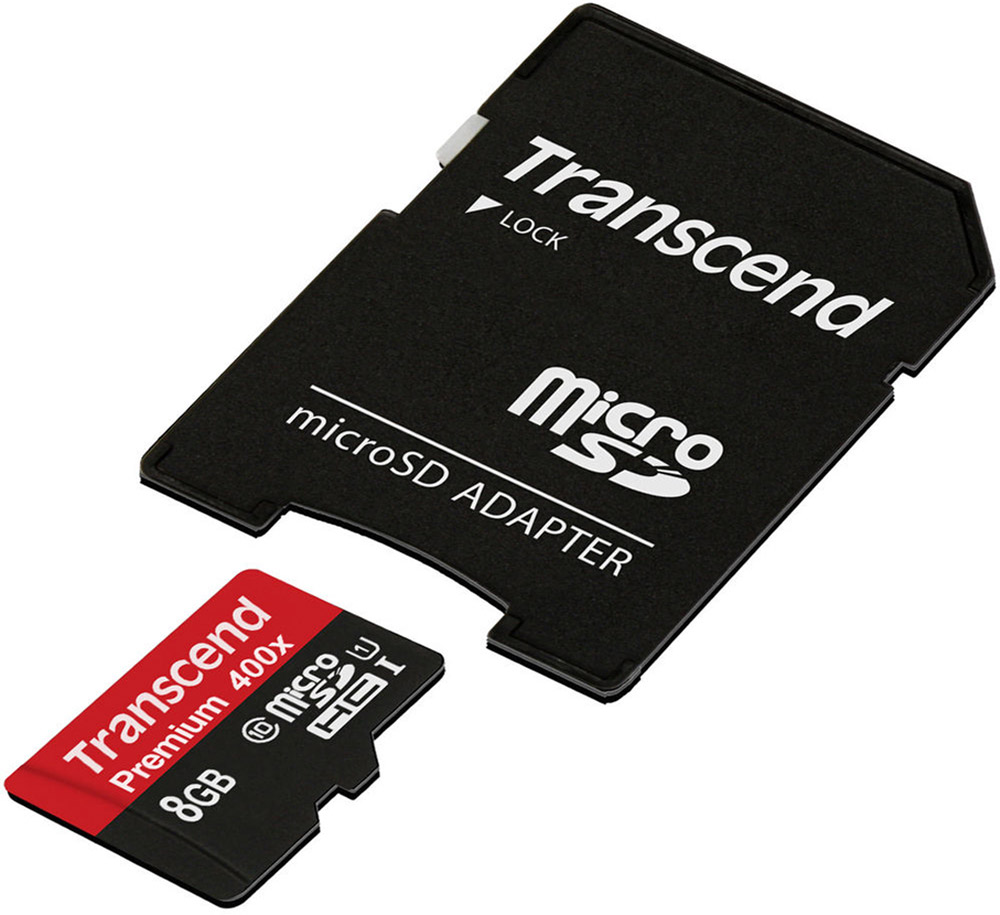 фото Transcend microSDHC Class 10 UHS-I 400x 8GB карта памяти с адаптером (TS8GUSDU1)