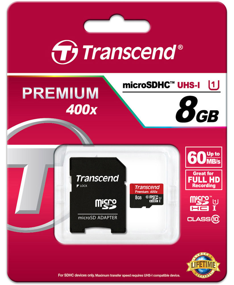 фото Transcend microSDHC Class 10 UHS-I 400x 8GB карта памяти с адаптером (TS8GUSDU1)