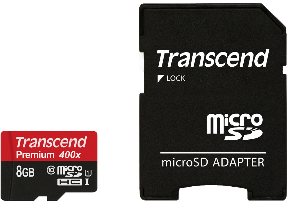 фото Transcend microSDHC Class 10 UHS-I 400x 8GB карта памяти с адаптером (TS8GUSDU1)