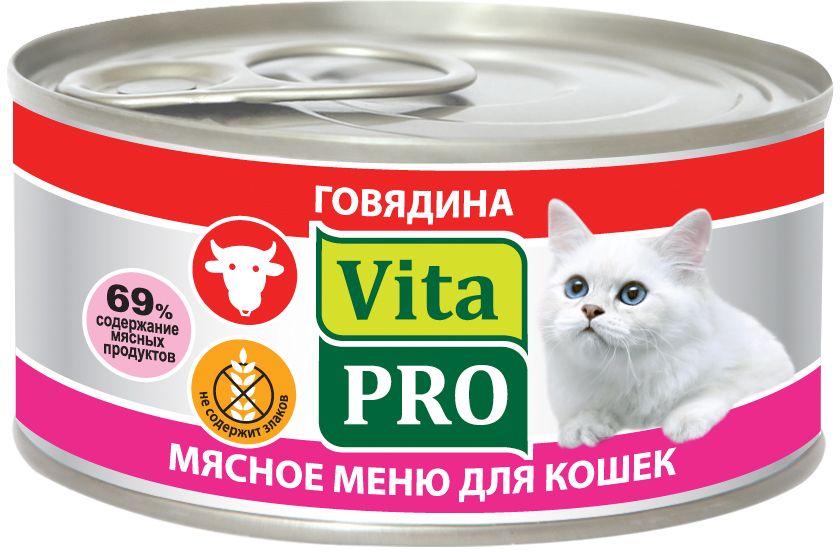 фото Консервы для кошек Vita Pro "Мясное меню", с говядиной, 100 г. 90100