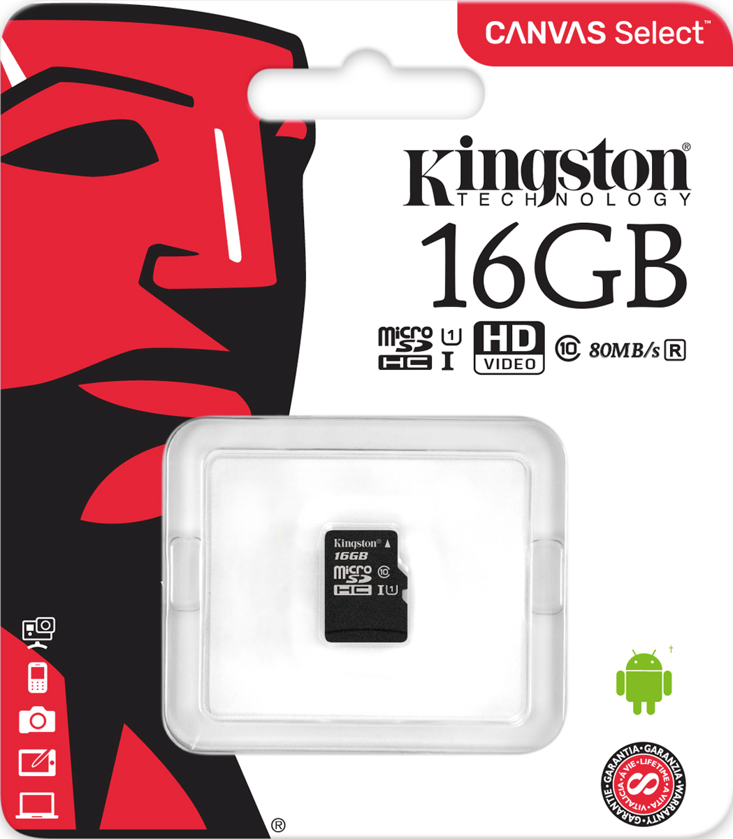 фото Kingston microSDHC Canvas Select 80R CL10 UHS-ISP 16GB карта памяти без адаптера