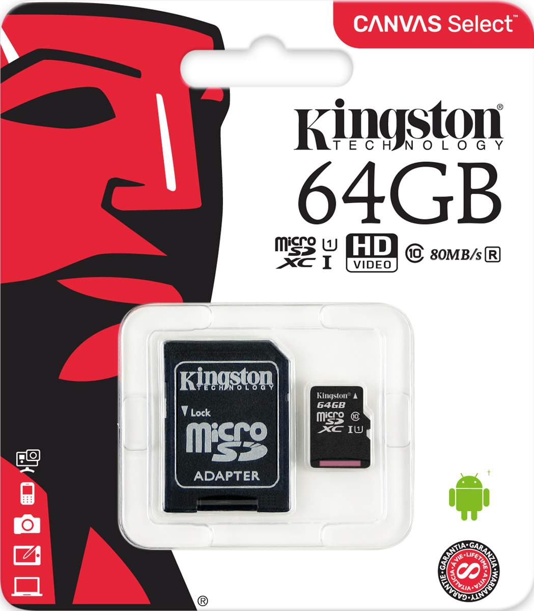 фото Kingston microSDXC Canvas Select 80R CL10 UHS-ISP 64GB карта памяти с адаптером