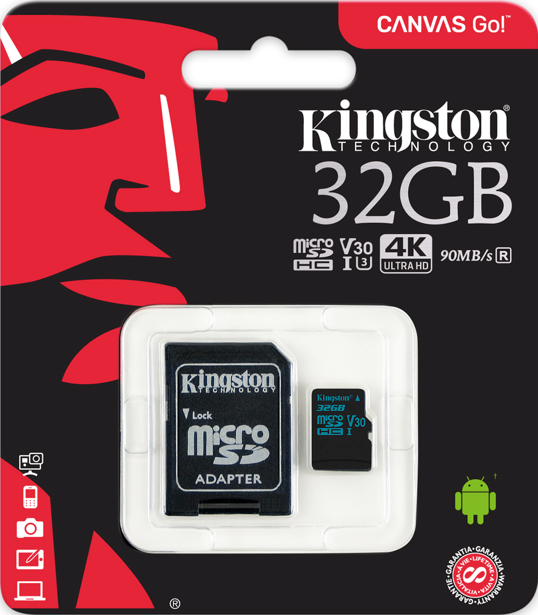 фото Kingston microSDHC Canvas Go! UHS-I Class U3 32GB карта памяти c адаптером