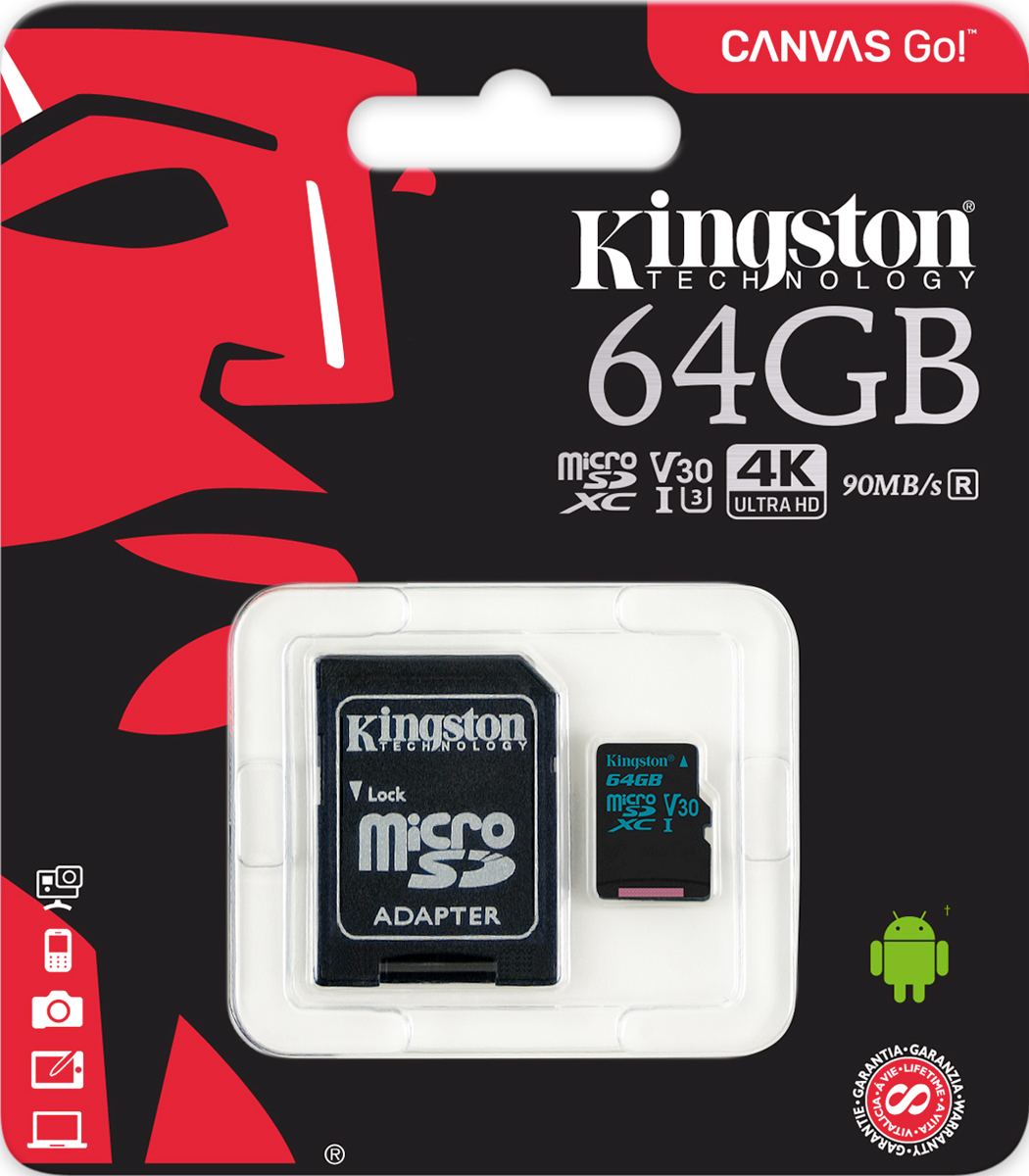 фото Kingston microSDXC Canvas Go! UHS-I Class V3 64GB карта памяти c адаптером