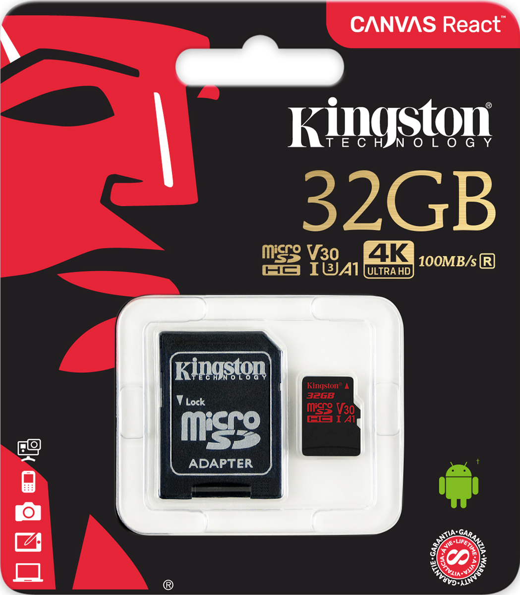 фото Kingston microSDHC Canvas React UHS-I Class U3 32GB карта памяти с адаптером