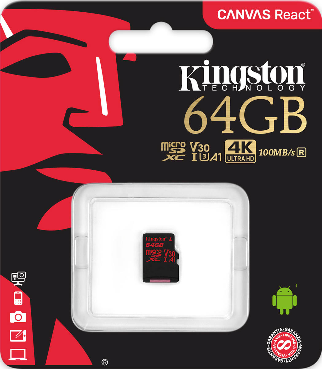 фото Kingston microSDXC Canvas React UHS-I Class U3 64GB карта памяти без адаптера