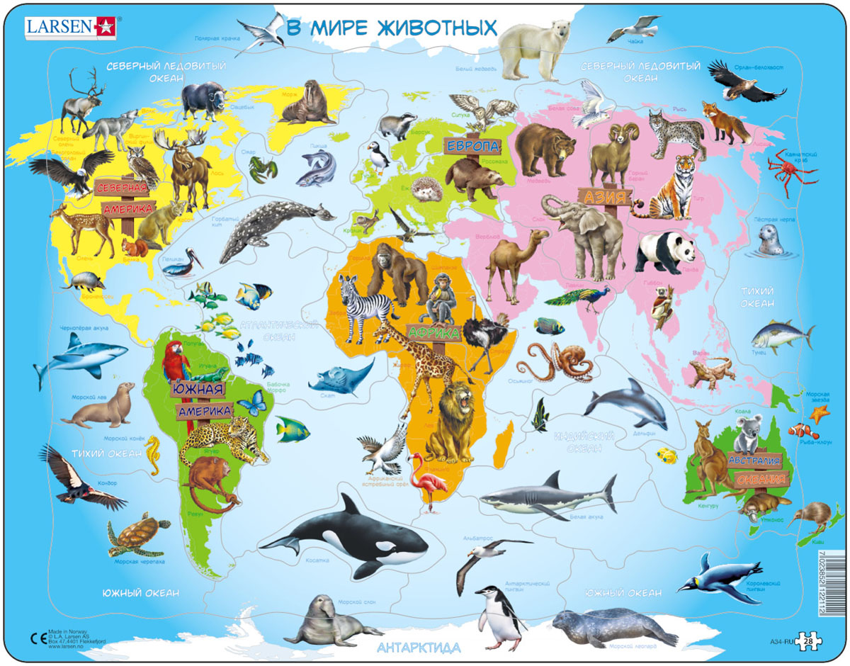 Пазл карта мира с животными Larsen