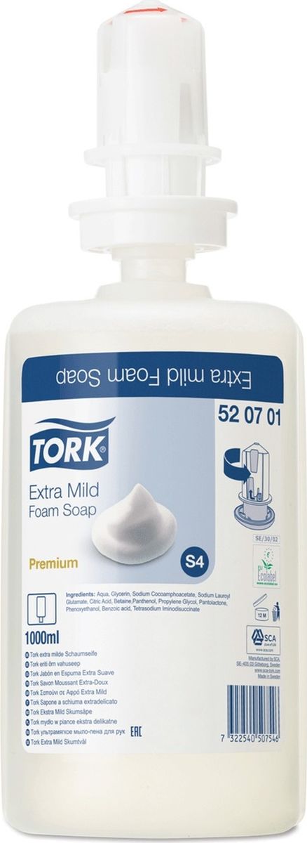 фото Картридж с жидким мылом-пеной Tork "Система S4", ультрамягкое, одноразовый, 1 л. 520701