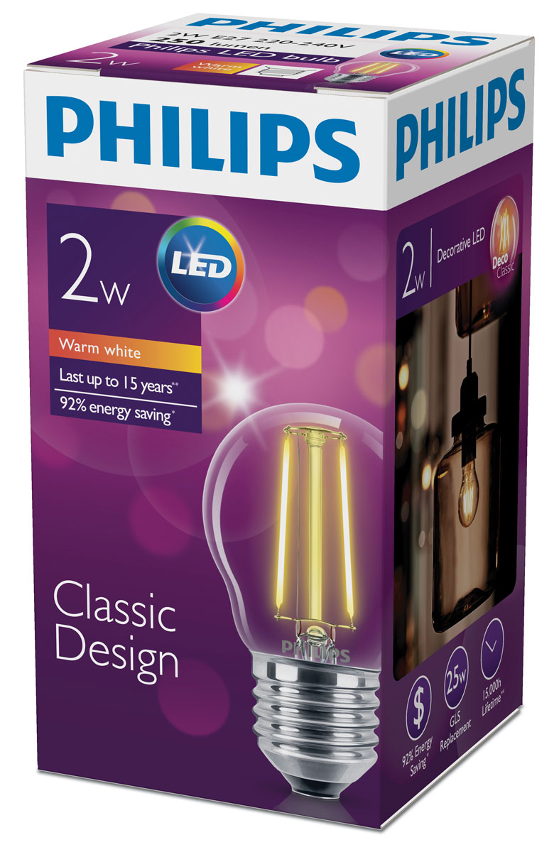 фото Лампа светодиодная "Philips", филаментная, цоколь E27, 2W, 2700К